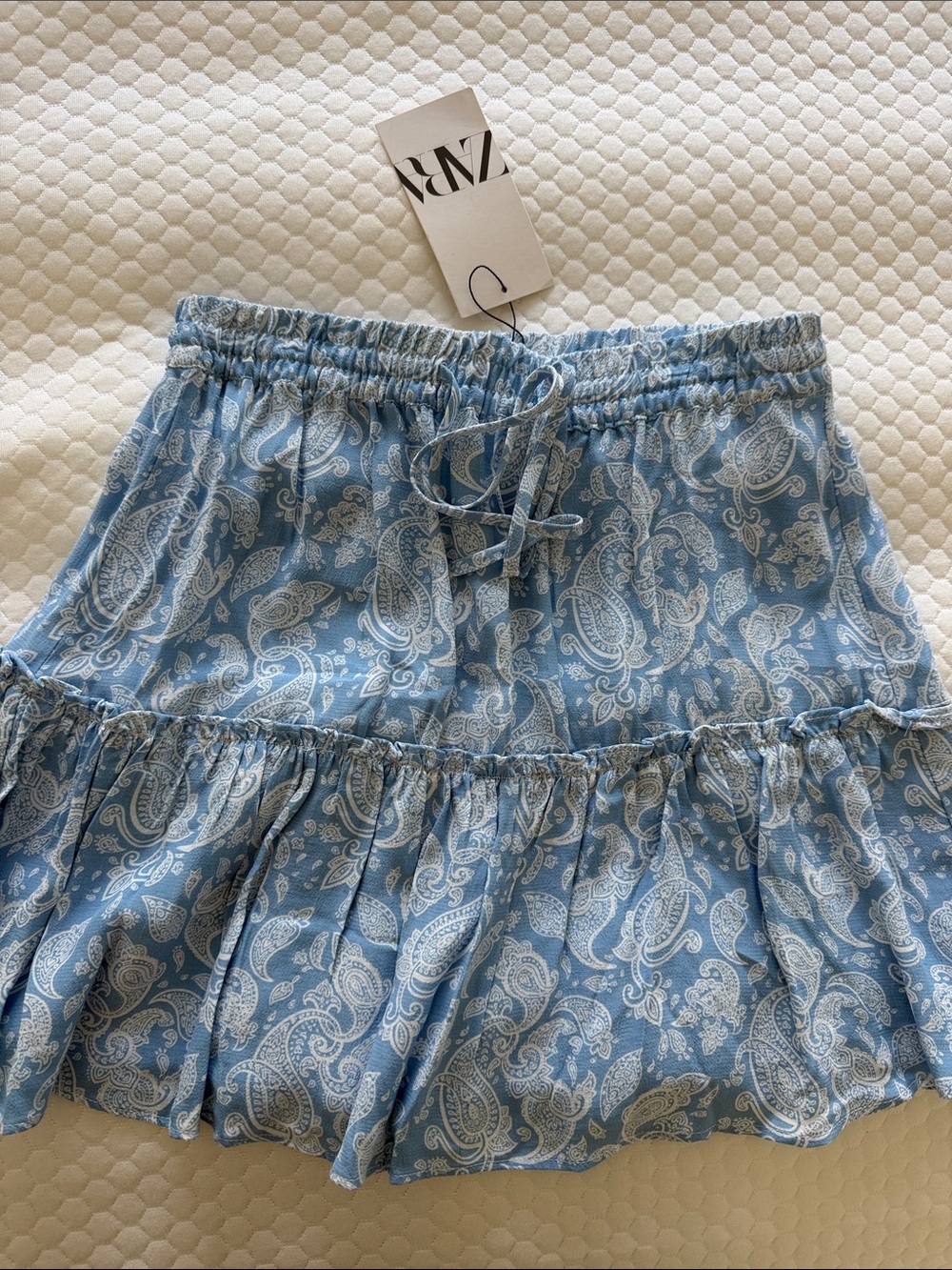 Zara Light Blue Paisley Bandana Tiered Mini Skirt size small - shorts attached
